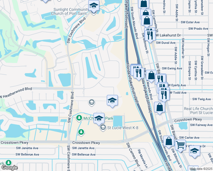 map of restaurants, bars, coffee shops, grocery stores, and more near 710 Southwest Rocky Bayou Terrace in Port St. Lucie