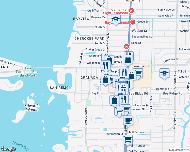 map of restaurants, bars, coffee shops, grocery stores, and more near 3620 Jacinto Court in Sarasota
