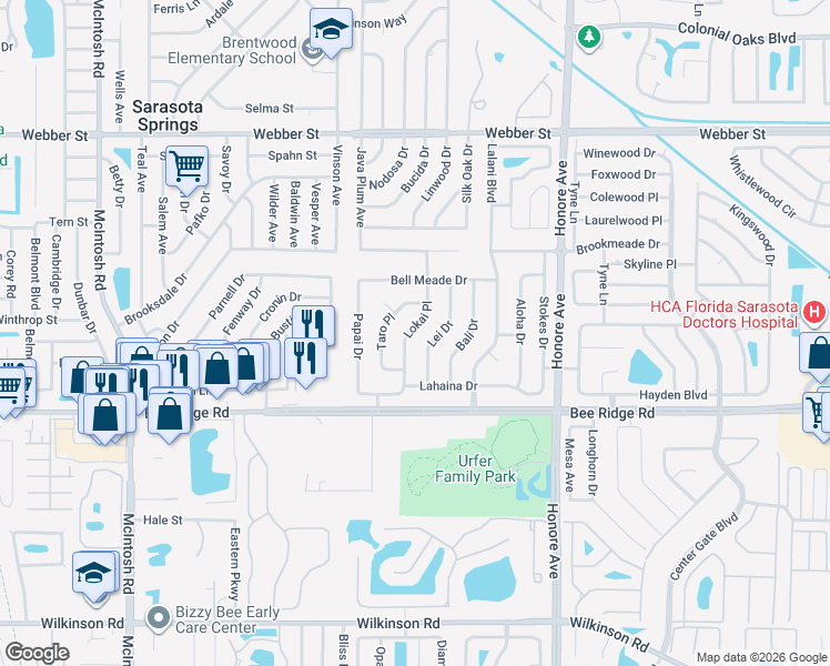 map of restaurants, bars, coffee shops, grocery stores, and more near 3645 Lokai Place in Sarasota