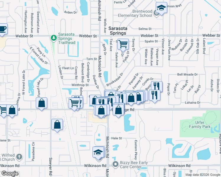 map of restaurants, bars, coffee shops, grocery stores, and more near 3616 Teal Avenue in Sarasota
