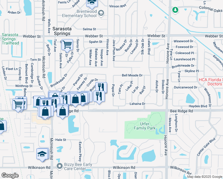 map of restaurants, bars, coffee shops, grocery stores, and more near 3718 Papai Drive in Sarasota