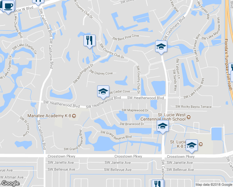 map of restaurants, bars, coffee shops, grocery stores, and more near 1310 Southwest Cedar Cove in Port St. Lucie