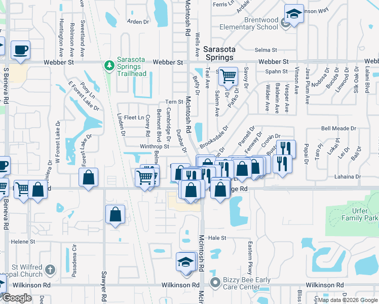 map of restaurants, bars, coffee shops, grocery stores, and more near 3531 Dunbar Drive in Sarasota
