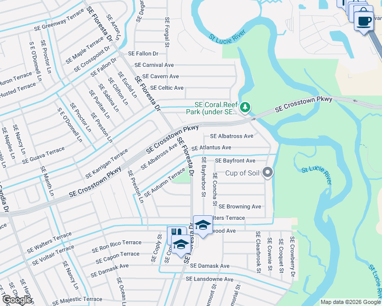 map of restaurants, bars, coffee shops, grocery stores, and more near 1297 Southeast Floresta Drive in Port St. Lucie