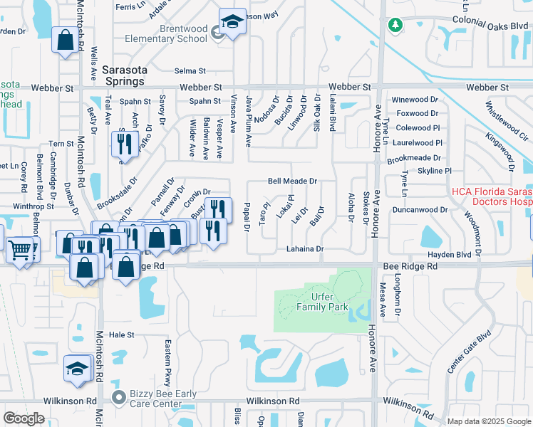 map of restaurants, bars, coffee shops, grocery stores, and more near 3716 Taro Place in Sarasota