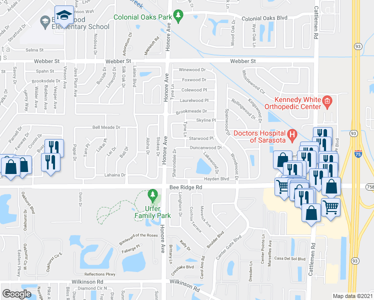 map of restaurants, bars, coffee shops, grocery stores, and more near 5342 Duncanwood Drive in Sarasota