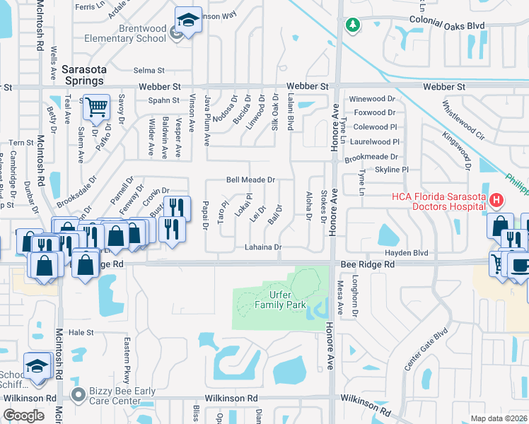 map of restaurants, bars, coffee shops, grocery stores, and more near 3621 Lei Drive in Sarasota