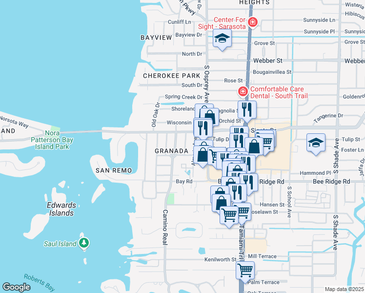 map of restaurants, bars, coffee shops, grocery stores, and more near 3612 Jacinto Court in Sarasota