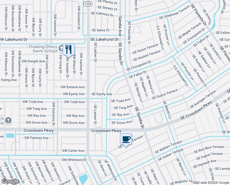 map of restaurants, bars, coffee shops, grocery stores, and more near 213 Southeast Eyerly Avenue in Port St. Lucie