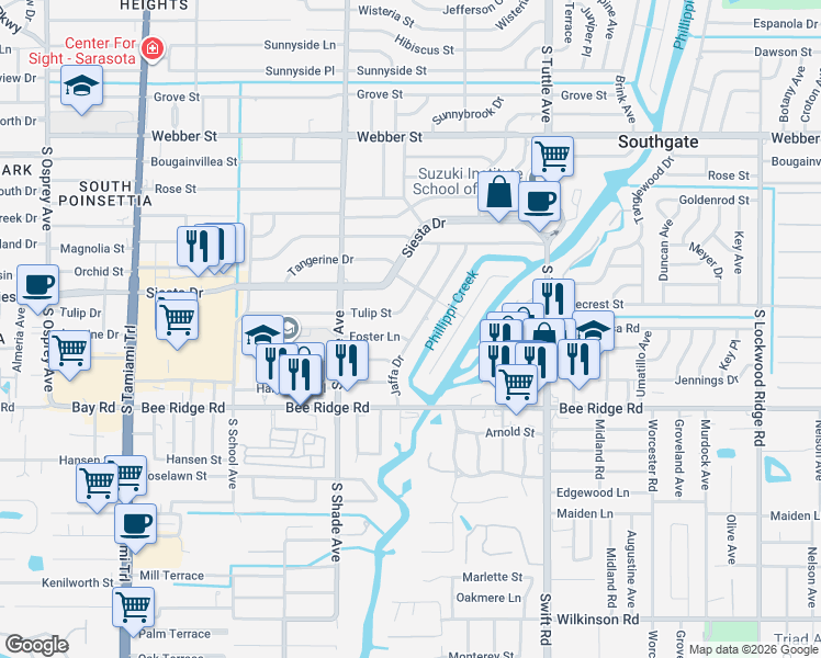 map of restaurants, bars, coffee shops, grocery stores, and more near 3536 Jaffa Drive in Sarasota