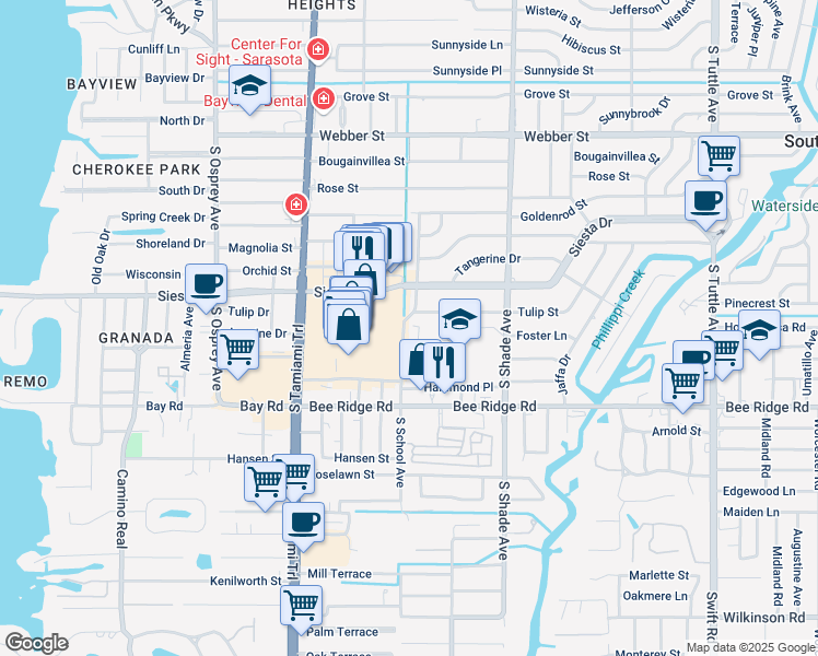 map of restaurants, bars, coffee shops, grocery stores, and more near 3605 South School Avenue in Sarasota