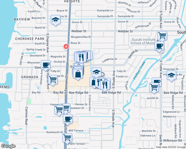 map of restaurants, bars, coffee shops, grocery stores, and more near 3575 South School Avenue in Sarasota