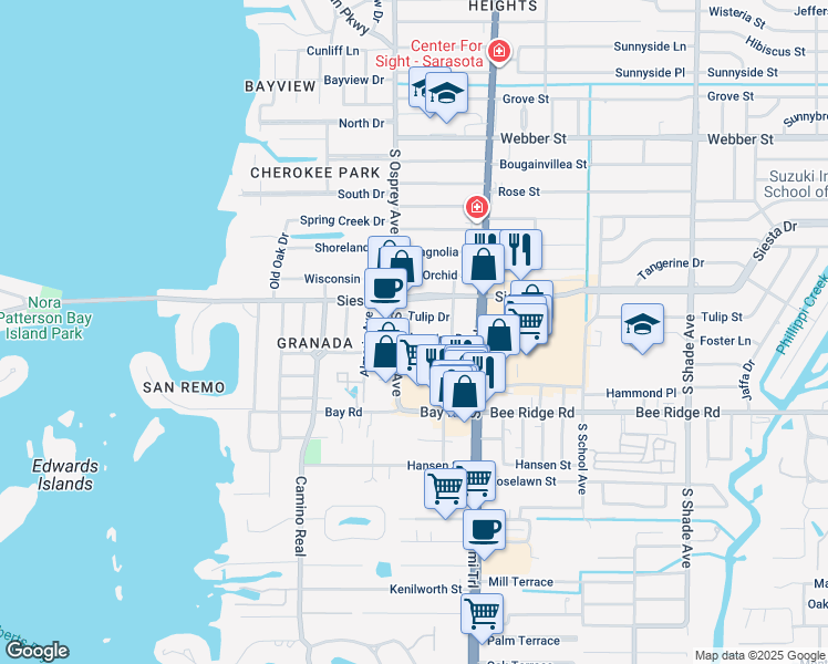 map of restaurants, bars, coffee shops, grocery stores, and more near 1835 Jasmine Drive in Sarasota