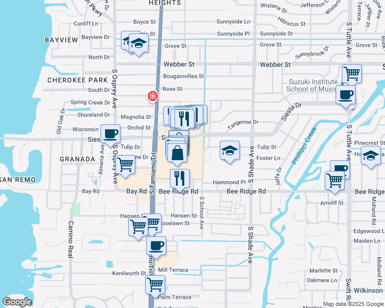 map of restaurants, bars, coffee shops, grocery stores, and more near 3501 South Tamiami Trail in Sarasota