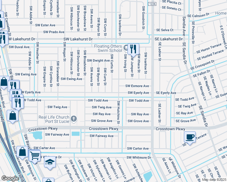 map of restaurants, bars, coffee shops, grocery stores, and more near 1291 Southwest Curtis Street in Port St. Lucie