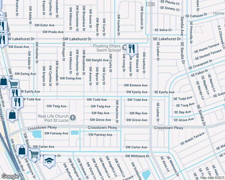 map of restaurants, bars, coffee shops, grocery stores, and more near 1291 Southwest Curtis Street in Port St. Lucie