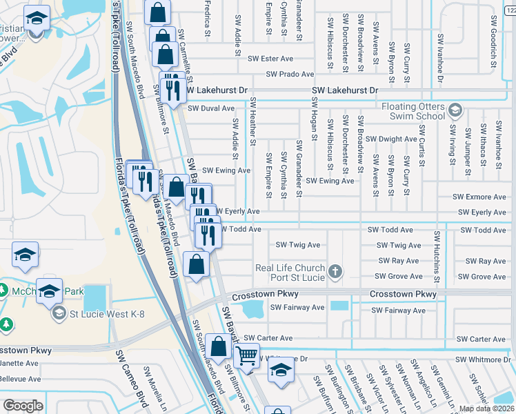 map of restaurants, bars, coffee shops, grocery stores, and more near 1299 Southwest Heather Street in Port St. Lucie