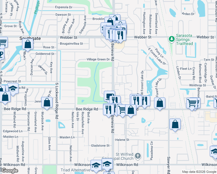 map of restaurants, bars, coffee shops, grocery stores, and more near 3537 Pembrook Drive in Sarasota