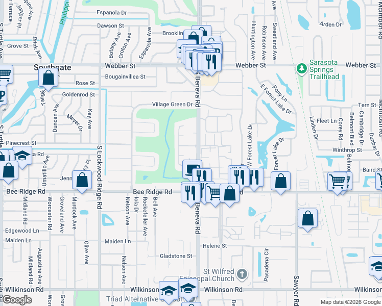 map of restaurants, bars, coffee shops, grocery stores, and more near 3537 Pembrook Drive in Sarasota