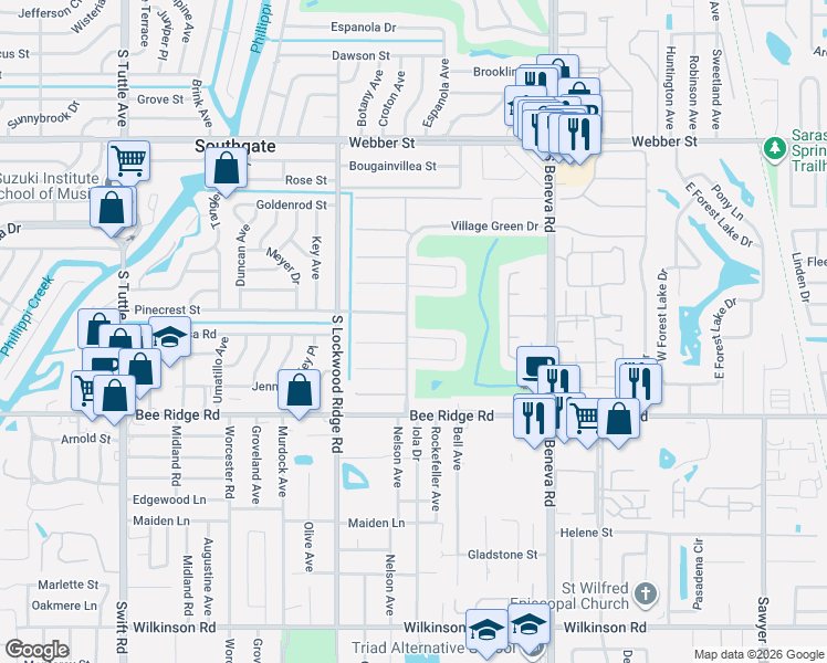 map of restaurants, bars, coffee shops, grocery stores, and more near 3535 Village Green Drive in Sarasota
