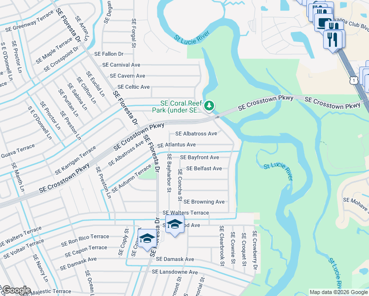 map of restaurants, bars, coffee shops, grocery stores, and more near 926 Southeast Atlantus Avenue in Port St. Lucie
