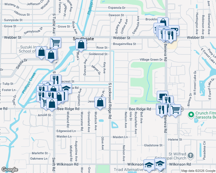 map of restaurants, bars, coffee shops, grocery stores, and more near 3600 South Lockwood Ridge Road in Sarasota