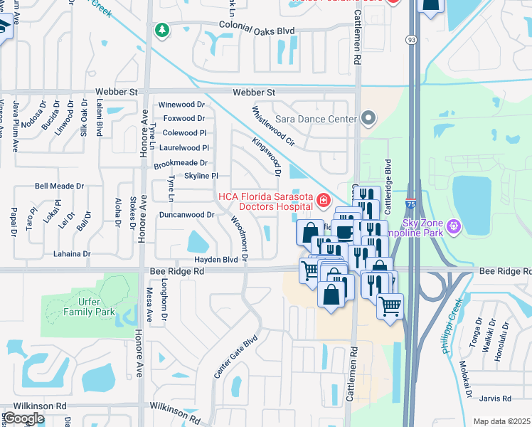 map of restaurants, bars, coffee shops, grocery stores, and more near 5536 Duncanwood Place in Sarasota