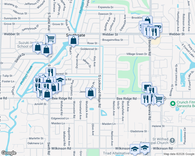 map of restaurants, bars, coffee shops, grocery stores, and more near 3600 South Lockwood Ridge Road in Sarasota