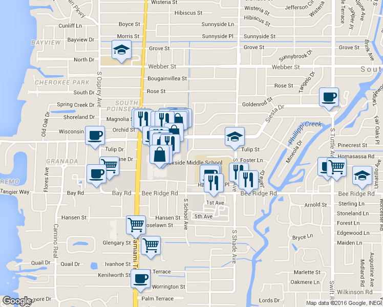 map of restaurants, bars, coffee shops, grocery stores, and more near 3605 South School Avenue in Sarasota