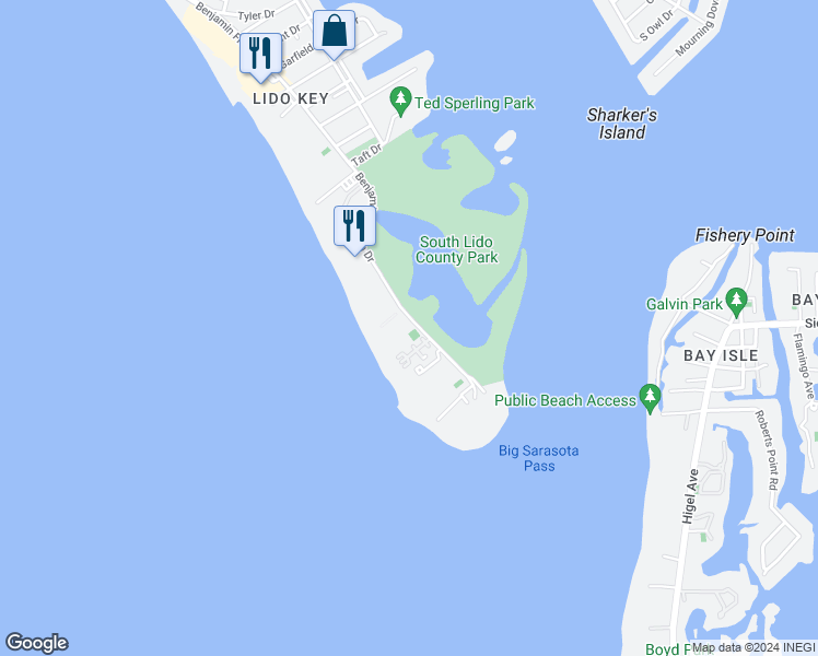 map of restaurants, bars, coffee shops, grocery stores, and more near 1900 Benjamin Franklin Drive in Sarasota