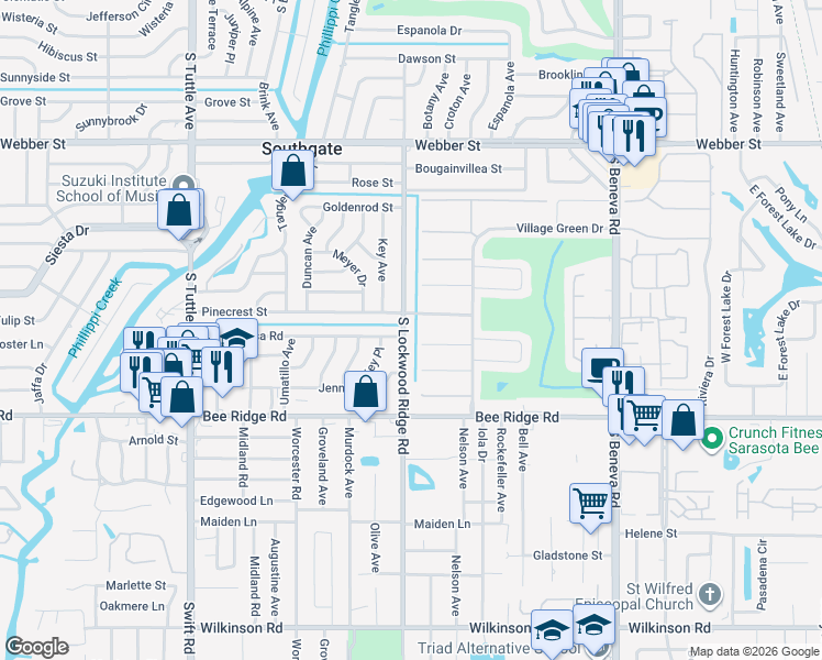 map of restaurants, bars, coffee shops, grocery stores, and more near 3600 South Lockwood Ridge Road in Sarasota