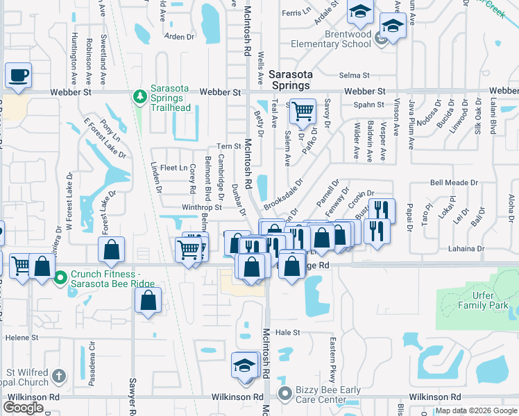 map of restaurants, bars, coffee shops, grocery stores, and more near 3531 Dunbar Drive in Sarasota