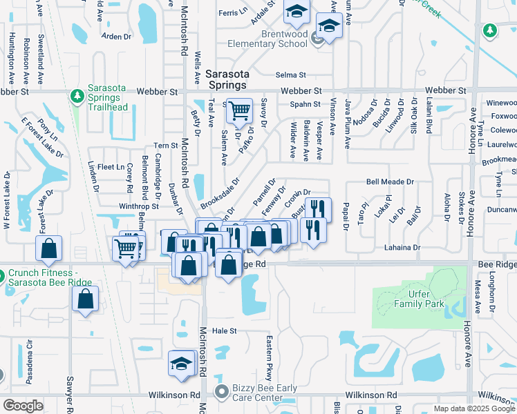 map of restaurants, bars, coffee shops, grocery stores, and more near 4538 Parnell Drive in Sarasota