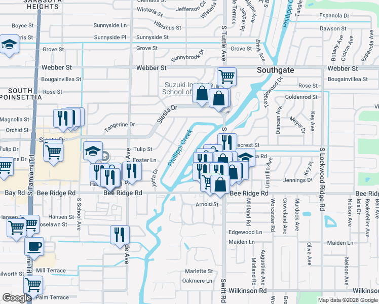 map of restaurants, bars, coffee shops, grocery stores, and more near 2710 Orchid Oaks Drive in Sarasota