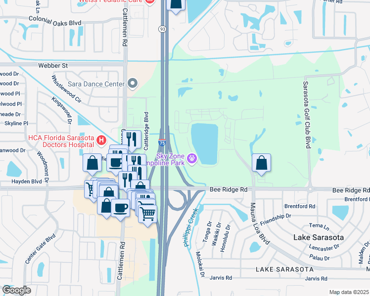 map of restaurants, bars, coffee shops, grocery stores, and more near 6150 Edgelake Drive in Sarasota