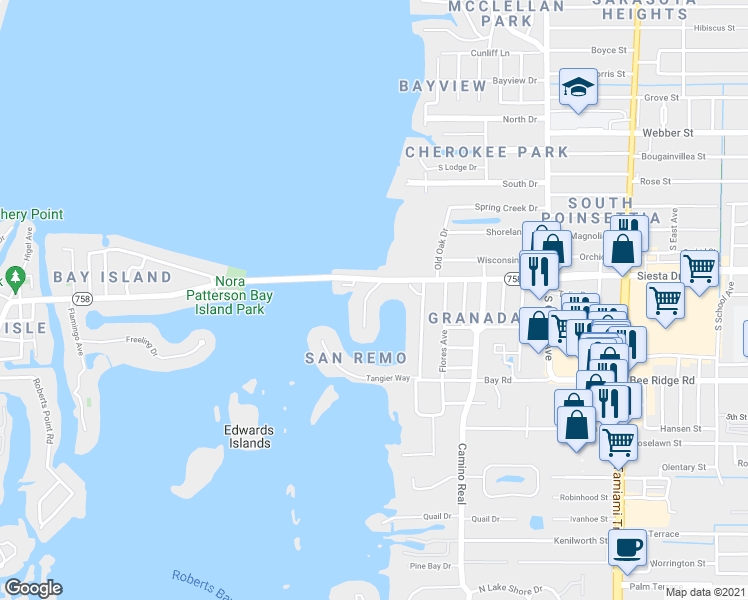 map of restaurants, bars, coffee shops, grocery stores, and more near 3567 San Remo Terrace in Sarasota