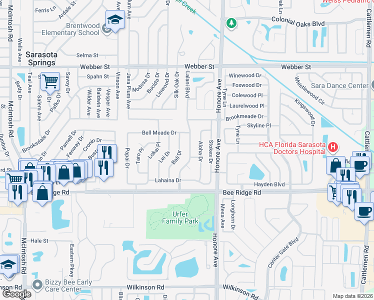 map of restaurants, bars, coffee shops, grocery stores, and more near 3628 Lalani Boulevard in Sarasota