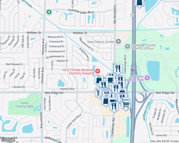 map of restaurants, bars, coffee shops, grocery stores, and more near 5536 Duncanwood Place in Sarasota
