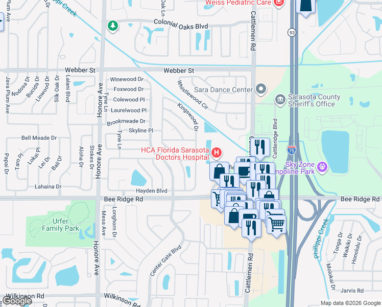 map of restaurants, bars, coffee shops, grocery stores, and more near 5536 Duncanwood Place in Sarasota