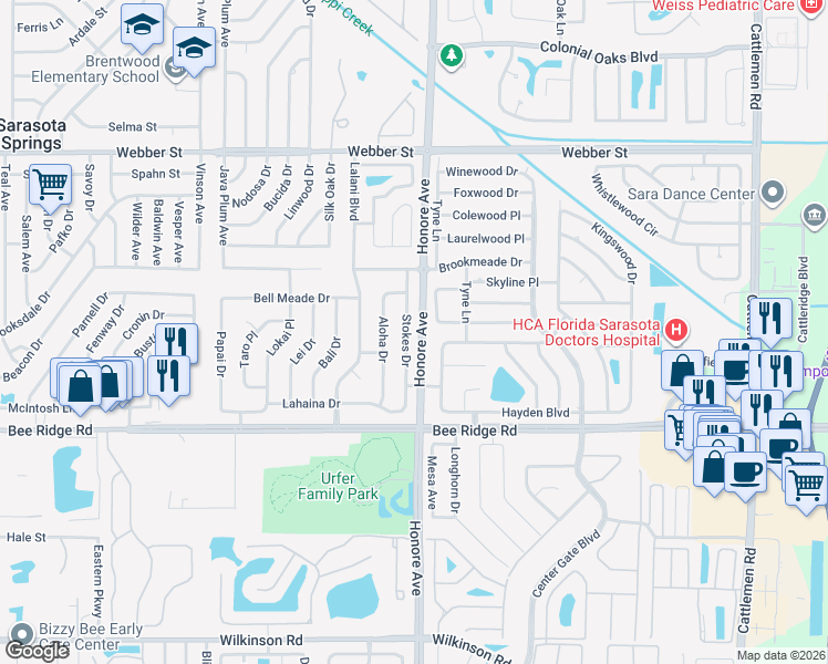 map of restaurants, bars, coffee shops, grocery stores, and more near 3638 Sharondale Drive in Sarasota
