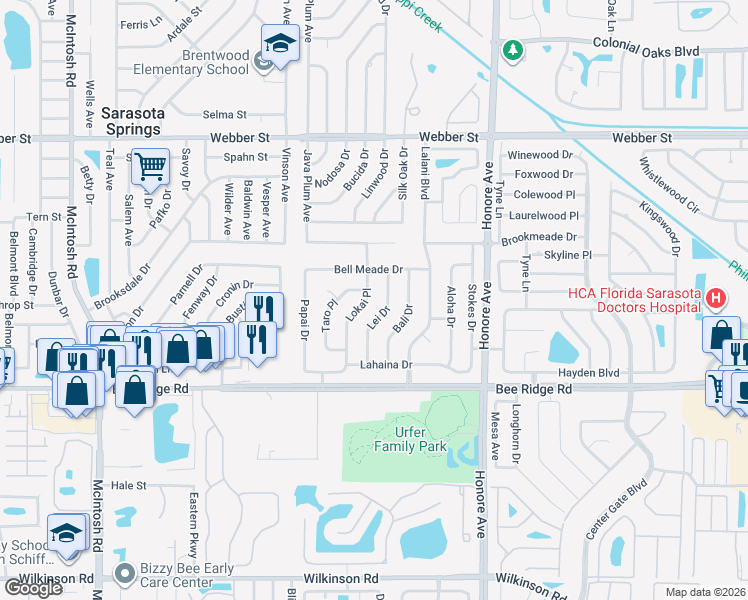 map of restaurants, bars, coffee shops, grocery stores, and more near 3621 Lei Drive in Sarasota