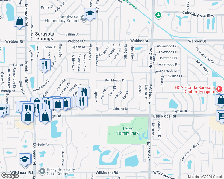 map of restaurants, bars, coffee shops, grocery stores, and more near 3645 Lokai Place in Sarasota