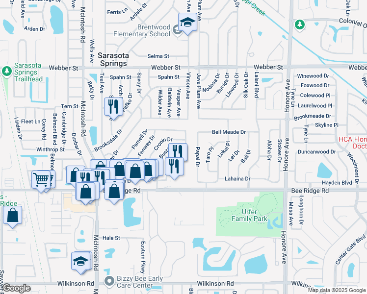 map of restaurants, bars, coffee shops, grocery stores, and more near 3718 Papai Drive in Sarasota