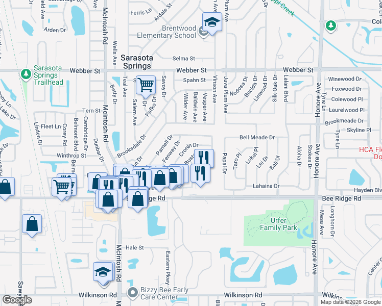 map of restaurants, bars, coffee shops, grocery stores, and more near 4703 Busti Drive in Sarasota