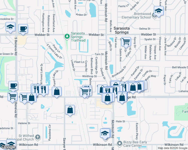 map of restaurants, bars, coffee shops, grocery stores, and more near 3520 Belmont Boulevard in Sarasota