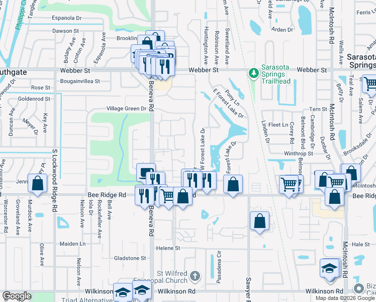 map of restaurants, bars, coffee shops, grocery stores, and more near 3516 Riviera Drive in Sarasota