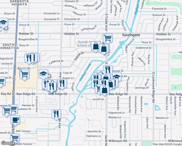 map of restaurants, bars, coffee shops, grocery stores, and more near 2710 Orchid Oaks Drive in Sarasota