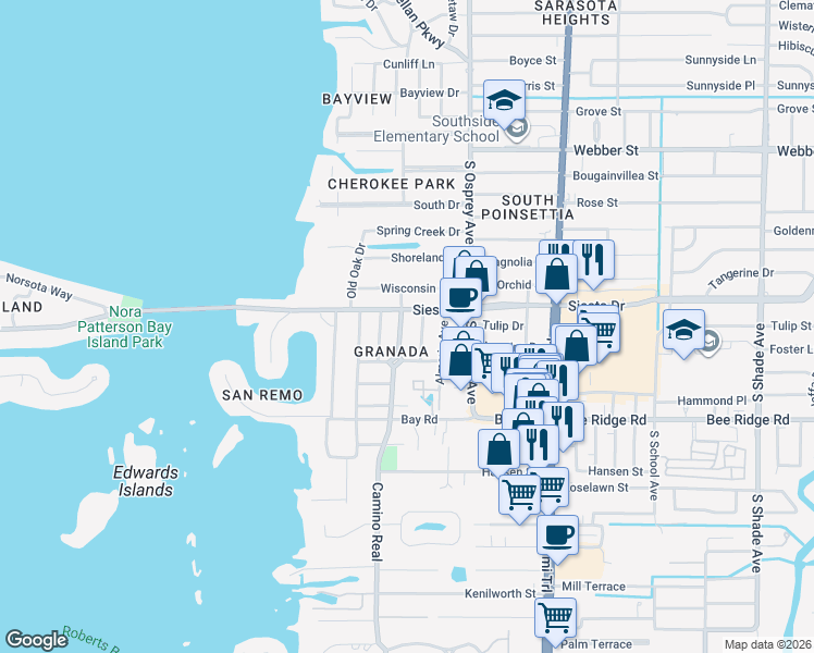 map of restaurants, bars, coffee shops, grocery stores, and more near 3620 Jacinto Court in Sarasota