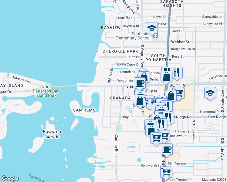 map of restaurants, bars, coffee shops, grocery stores, and more near 3618 Palonia Court in Sarasota