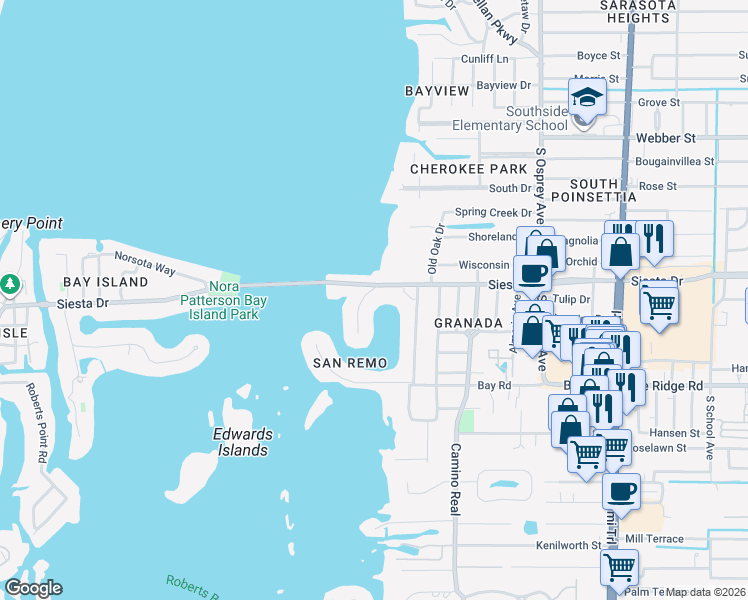 map of restaurants, bars, coffee shops, grocery stores, and more near 3567 San Remo Terrace in Sarasota